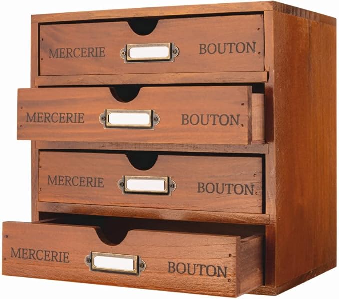Wooden Storage Box with 4 Drawers Vintage Office Supplies and Accessories Letter Tray Wood Desktop School Supply Organizer Library Card Catalog Cabinet with Lables Rustic Jewelry Box (BROWN)
