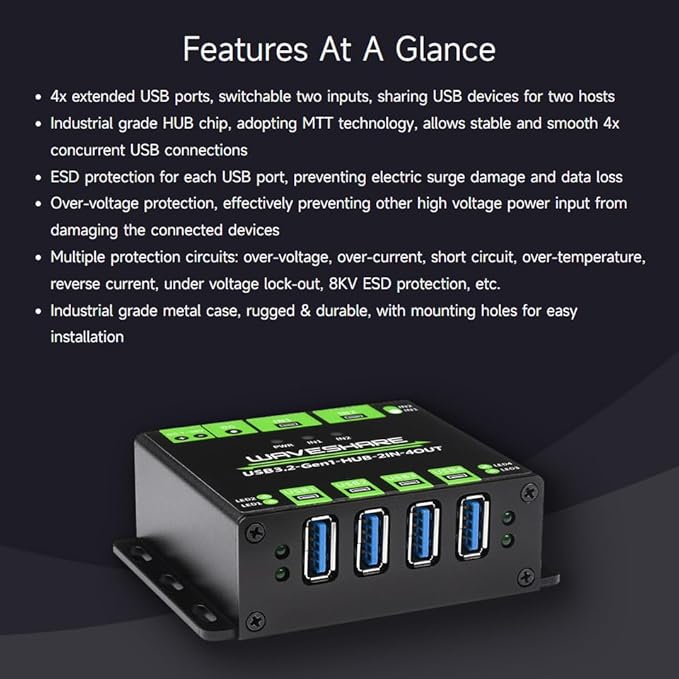 Waveshare Industrial Grade USB HUB, Extending 4X USB 3.2 Ports, Switchable Dual Hosts, Multi Protections