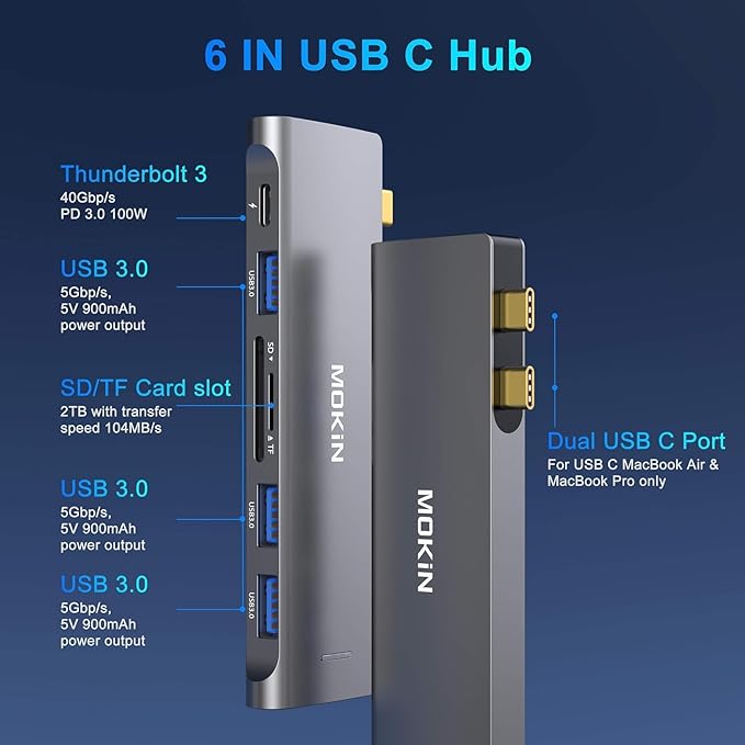 USB C Adapter for MacBook Pro/Air M1 M2 2021 2020 2019 2018,MOKiN Hub MacBook Pro Accessories with 3 USB 3.0 Ports,USB C to SD/microSD Card Reader and 100W Thunderbolt 3 PD Port