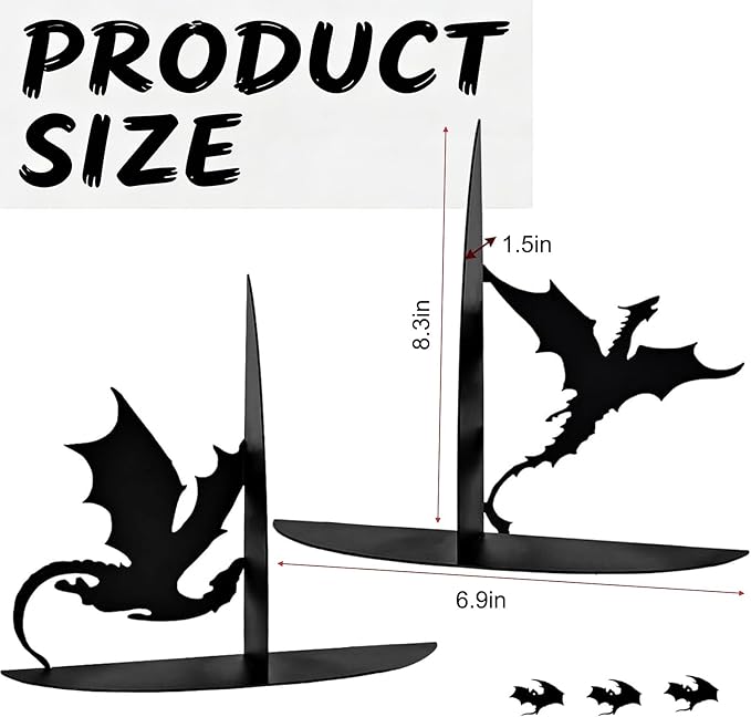 Dragon Metal Bookends for Shelves, Gothic Black Metal Decorative Book Ends, Heavy Duty Rustproof Book Stoppers for Home Office & Study Desk, Ideal Gift for Dragon Lovers & Book Lovers