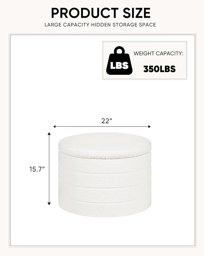 22 Inch Round Boucle Ottoman with Storage, Sherpa Teddy Fabric Ottoman Footstool, Folding Storage Foot Rest for Bedroom, Living Room Dorm, White