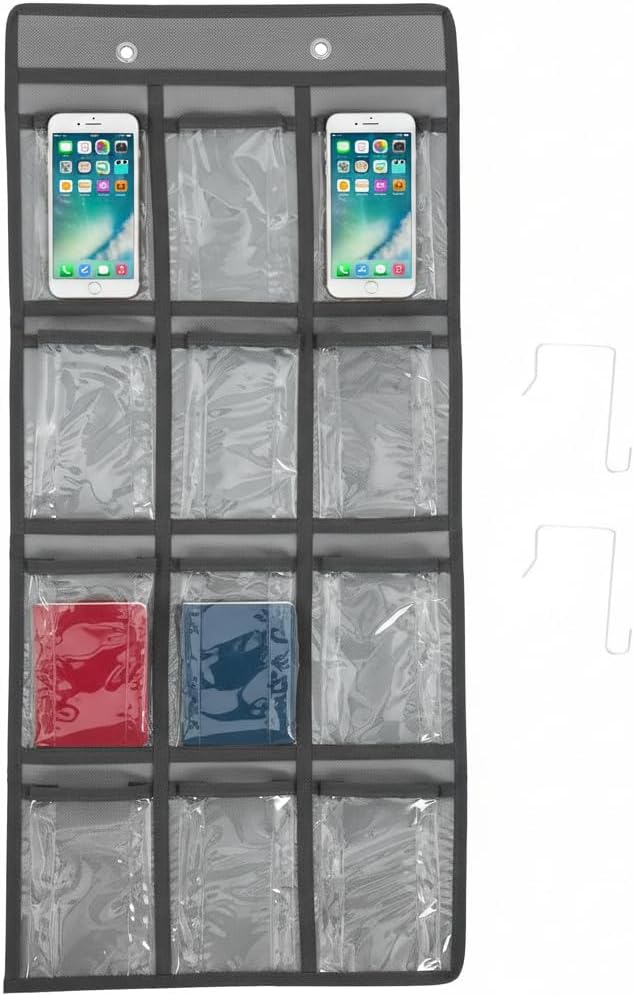 DOITOOL 12 Clear Pockets Classroom Pocket Chart for Cell Phones, Cell Phones Calculator Holder for Classroom Storage, Wall Door Hanging Organizer, Grey