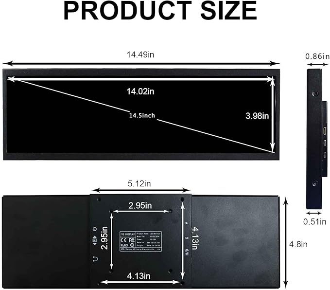 VSDISPLAY 14.5'' 14.5 Inch 2560x720 2K IPS LCD Monitor Stretched Bar Display for Computer PC Case GPU CPU Secondary Screen Monitor,Supports USB-C Video Input