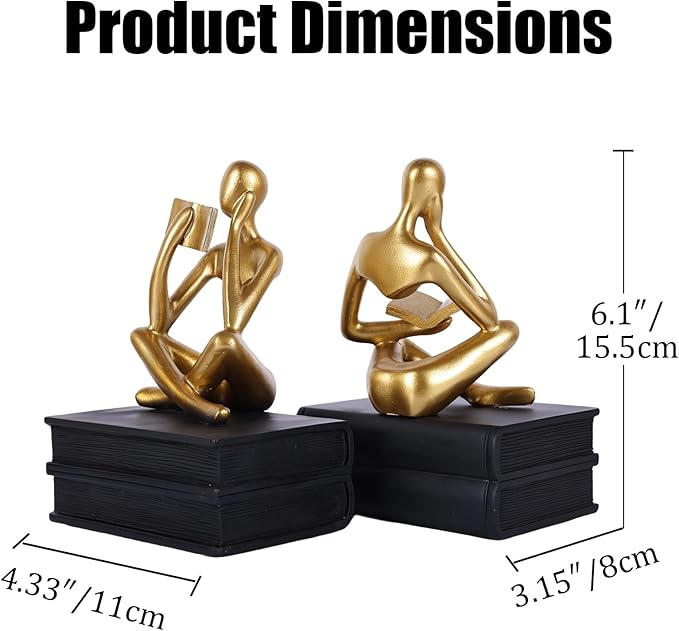 Heavy Duty Book Ends for Shelves, Thinker Bookends Set of 2 Decorative Book Ends for Heavy Books, Modern Unique Shelf Decor for Home Office Living Room Desk