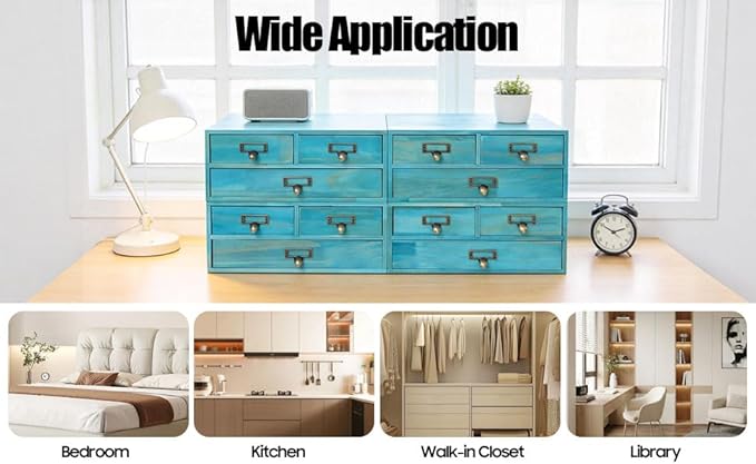 4 Packs Vintage Desktop Apothecary Cabinet with 3 Drawers, Vintage Desktop Organizer Wood Desktops Organizers Stackable Drawers Chest Drawer for Herb Storage Tea Collection Stationery (Blue)