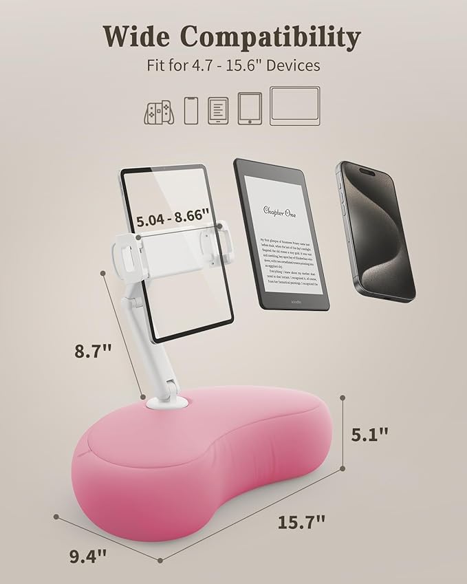 SAIJI Tablet Pillow Stand for Bed – iPad & Kindle Holder with Flexible Dual Axis Arm & Microbead Cushion, 360° Adjustable Lap Beanbag Phone Holder Fits Devices with 4.7"–15.6" Screens (Pink)