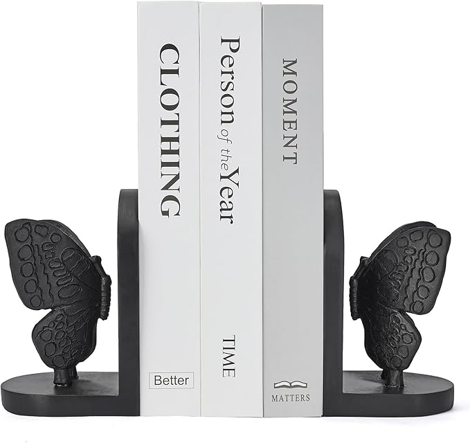Black Butterfly Book Ends for Shelves, Butterflies Statue Decorative Bookends for Heavy Books, Resin Book Ends with Non-Slip Felt Base for Home Farmhouse Shelves Office Lover Gift