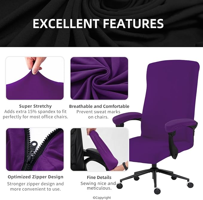 Stretch Computer Office Chair Cover with Armrest Covers Durable Zipper Universal Washable Removable Spandex Rotating Boss Chair Slipcovers Anti-dust Soft Desk Chair Seat Protector (Purple)