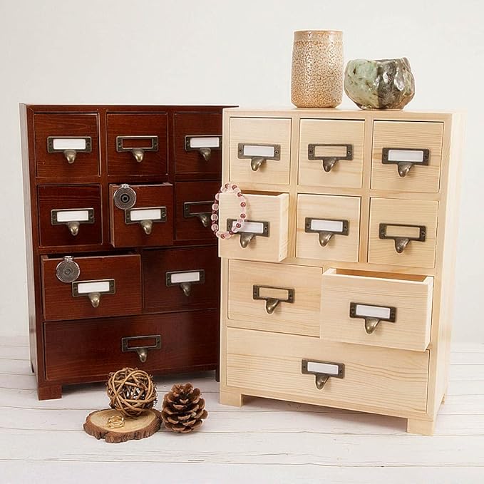 Apothecary Cabinet with 9 Drawers & Labels Rustic Library Card Catalog Cabinet Desktop Wooden Storage Box for Organize Herbal、Tea Bag、Jewelry (Wood)