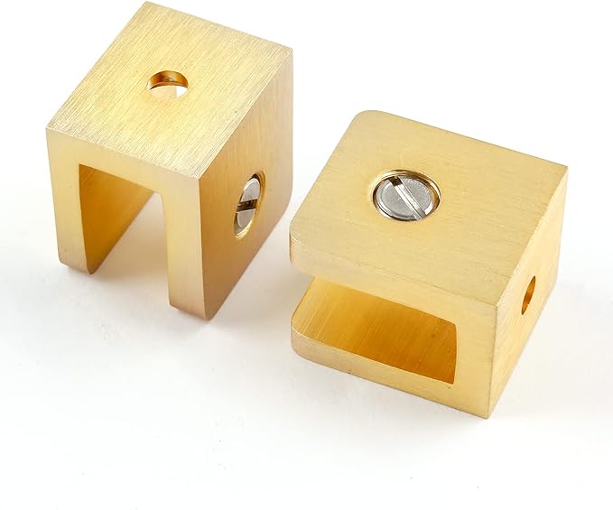 Uenhoy 4 Pcs Glass Clamps, No-Drill-on-Glass Glass Shelf Brackets Clips Adjustable Glass Clip Support for 8mm - 10mm Glass Wood Board, Brushed Gold