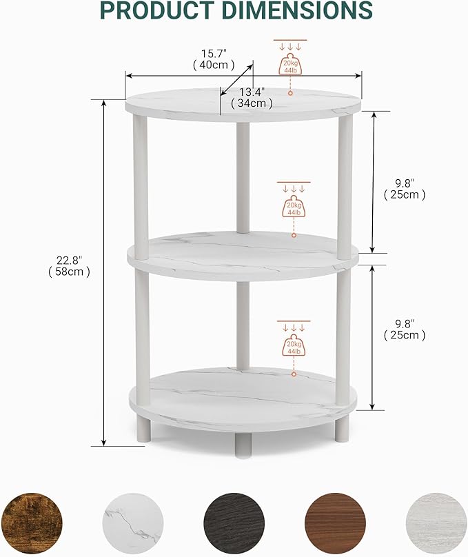 Round Pedestal End Table - 3-Tier Oval Accent Table for Small Spaces, Rustic Wood and Metal Couch Side Table, Nightstand for Bedroom or End Table Living Room, Easy to Assemble, Marble White