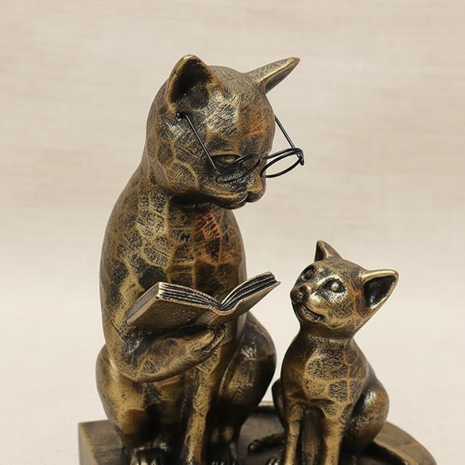 LIFFY Cat Decorative Bookends, 7“ Resin Non Skid Book Ends for Heavy Books, Parent-Child Cats Figurine Collectibles with Eye Glasses for Shelf to Hold Books, Whimsical Cat Decorations for Cats Lovers