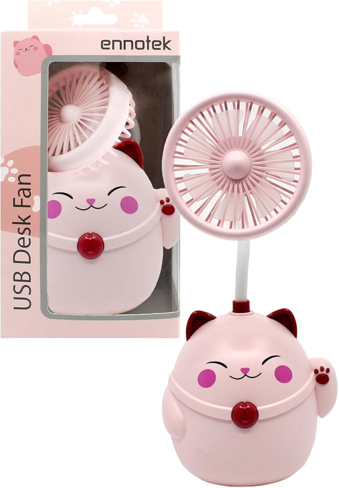 Cute Pink Cat Desk Fan with Pen Holder — Cat Fan for Women, Animal Fan, Funny Office Accessories, Cat Lover Gift, Small USB Fan, Aesthetic Decor