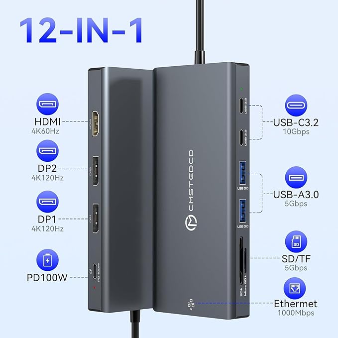 USB C Laptop Docking Station 3 Monitors with Dual DisplayPort 4K@120Hz and HDMI 4K@60Hz, 12 in 1 Thunderbolt Hub with USB A 3.0, USB C 3.2, Ethernet, SD, TF, PD 100W for Desktop Computer