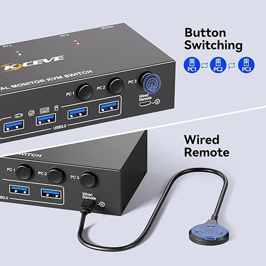 HDMI Dispalyport KVM Switch 2 Monitors 3 Computers 8K@60Hz/4K144Hz, USB3.0 Dual Monitor KVM Switches for 3 PC Share 4 USB 3.0 Ports and 2 Screens, with 3 USB Cables and Wired Remote