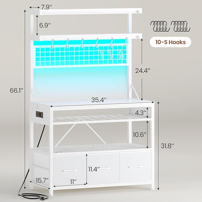 Itaar Bakers Rack with Storage and Power Outlet, 35.4 inch Coffee Bar Cabinet, Microwave Stand Kitchen Cabinet with Hutch, LED Lights, Wine Rack and Hooks (White)