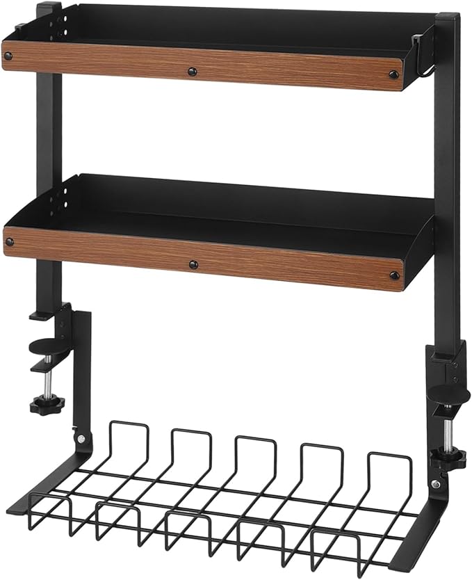 Clamp-On 3-Tier Desk Shelf, Metal Rack with Wood Grain Shelves, Adjustable Above & Under Desk Storage, Extension Socket Holder, for Home Office Or Gaming