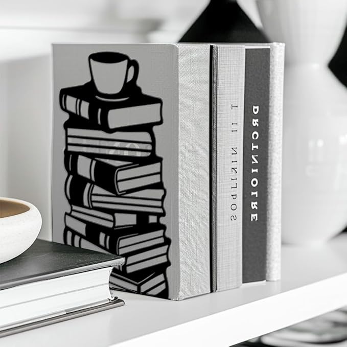 Peacoblue Metal Bookends for Shelves, Modern Decorative Heavy Duty Study Book Ends Stoppers for Office, Desk, Shelf, Room 5.3"x4.3"x7.9" Cast Iron Simple Tall Bookends 1 Pair (Book Stacks and Teacup)
