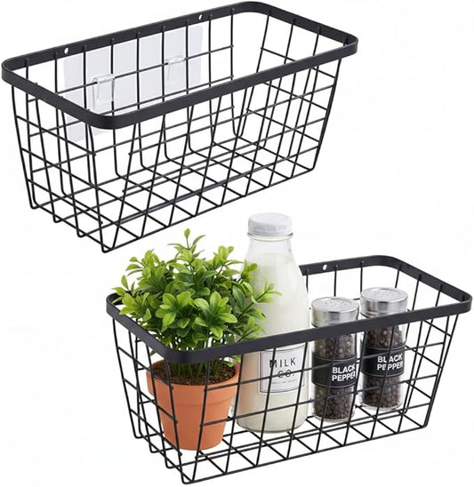 2 Pack Hanging Wall Basket Organizer Over the Cabinet Door Wire Baskets for Organizing -Space-Saving Hanging Baskets for Organizing Wall Mount Storage,No Drilling Adhesive Wall Storage Basket, Black