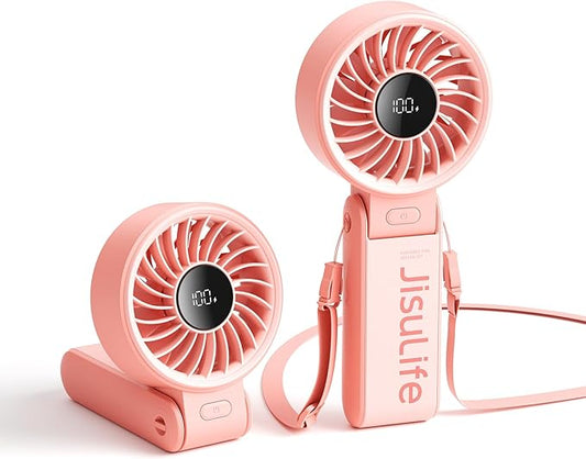 JISULIFE Handheld Fan Life7 – Ultimate Flexibility: Wide & Strong Airflow, 19.5H Max Cooling, 5000mAh Rechargeable, 5-Speed, LED Display, 3 IN 1 Portable Fan for Travel, Concerts, Sports Events(Pink)