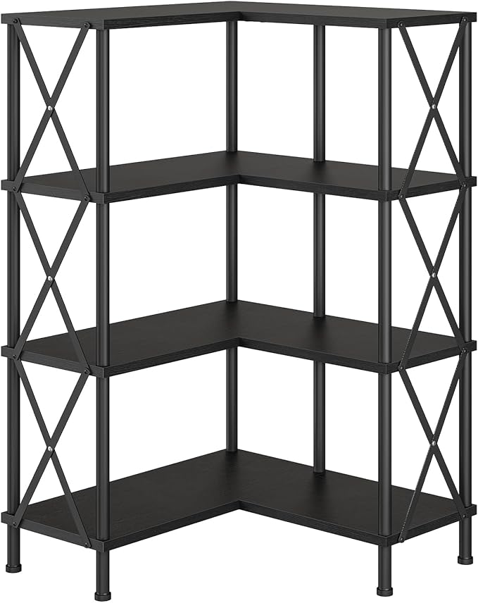 HOOBRO Corner Bookshelf, 4-Tier L-Shaped Bookcase, Industrial Open Display Shelf Tall Storage Organizer, Vertical Storage Rack, for Living Room, Home Office, Black BB59SJ01