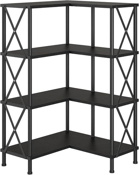 HOOBRO Corner Bookshelf, 4-Tier L-Shaped Bookcase, Industrial Open Display Shelf Tall Storage Organizer, Vertical Storage Rack, for Living Room, Home Office, Black BB59SJ01