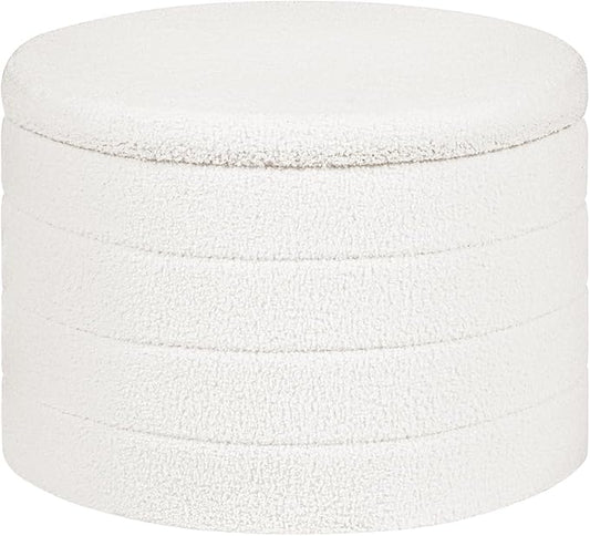 22 Inch Round Boucle Ottoman with Storage, Sherpa Teddy Fabric Ottoman Footstool, Folding Storage Foot Rest for Bedroom, Living Room Dorm, White