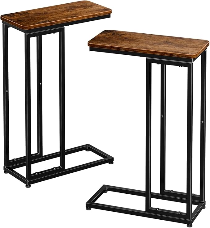 Simple Trending C Shaped Side Table, End Table Set of 2, Sofa Couch Table TV Tray for Living Room, Small Space, Rustic Brown