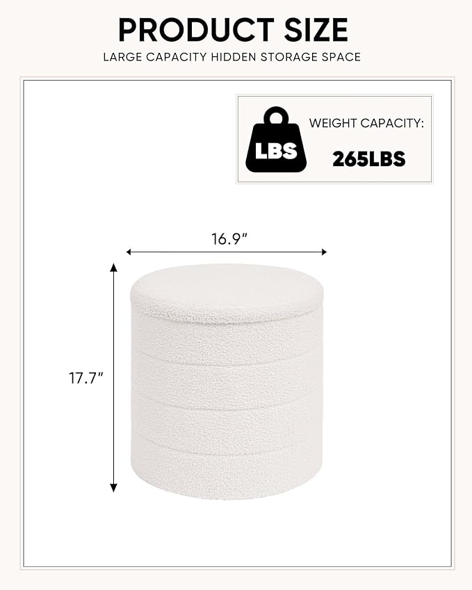 18" Tall Round Boucle Storage Ottoman, Sherpa Teddy Fabric Ottoman Footstool with Wooden Tray Reversible Lid, Folding Footrest with Storage for Living Room, Bedroom, Dorm, White