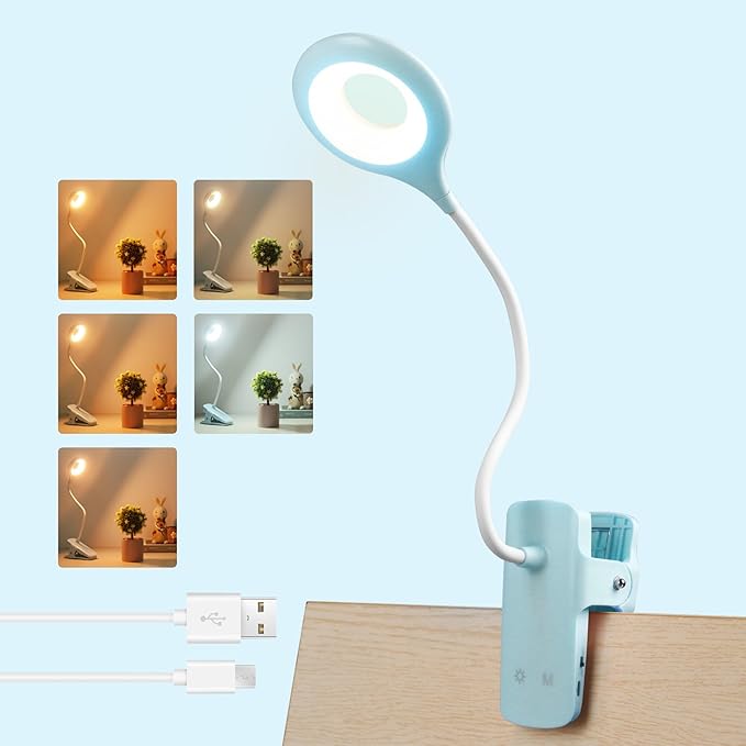Akynite Desk Lamp LED Clip on Light, 5 Modes 5 Brightness Dimmable Clamp Light, Rechargeable Battery Flexible Clip on Reading Lamp for Bed Headboard Bunk Bed at Night for Kids (Blue)