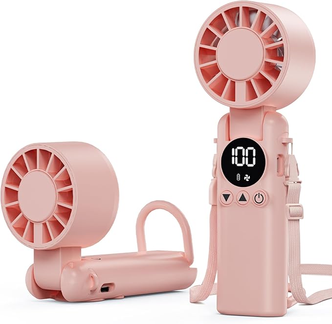 AILBTON Portable Handheld Fan, 5000mAh Rechargeable Mini Personal USB Fan with LED Display & Foldable Design, 199-Speed Powerful Battery Operated Travel Fan for Women, Outdoor, Office Pink