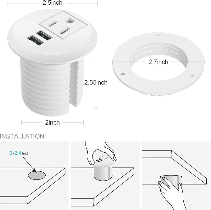 Desk Power Grommet wiht USB, Fits 2 inch Grommet Hole, Recessed Power Strip Socket, Plug in 2 Outlet 6.5 ft Extension Cord (White Round)