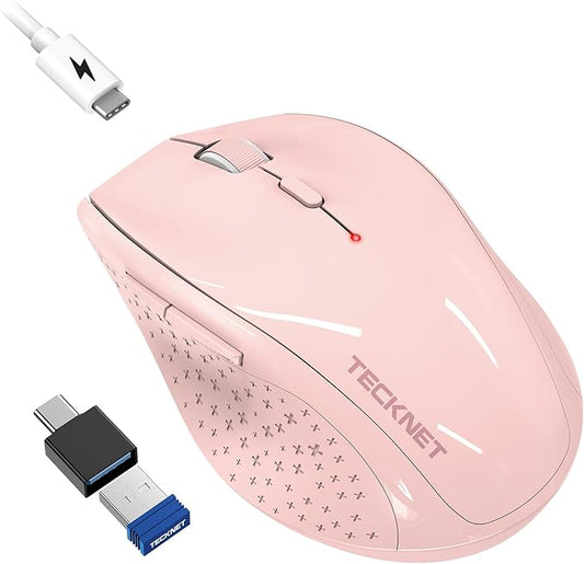 TECKNET Rechargeable Mouse with Jiggler, Plug & Play, 2.4G Connection with USB-C Adapter, Silent Mouse Quiet Click, 6400 DPI Ergonomic Mouse, Cordless Computer Mice for Laptop, Desktop, PC