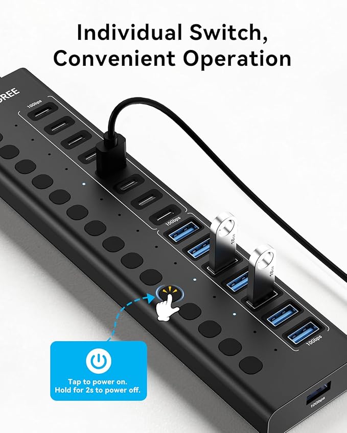 Powered USB Hub 3.2 Gen 2, VANGREE 16 Ports USB Hub (8 USB-A 3.2+8 USB-C 3.2), 10Gbps Aluminum Multiport Expansion Hub with 96W Power Adapter for PC Laptop HDD SSD Flash Drive