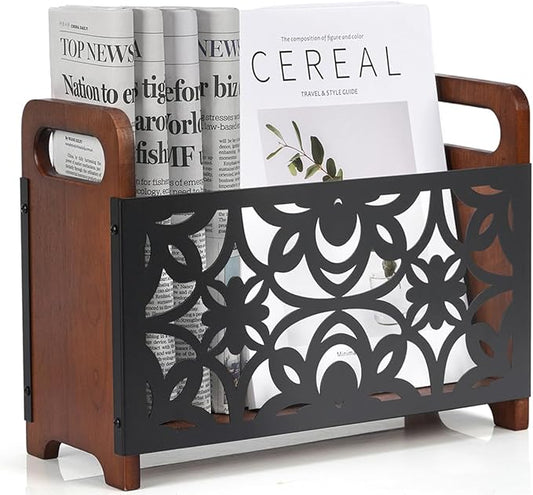 QILICHZ Magazine Holder,Wood Magazine Rack Floor,Rustic Magazine File Holder Organizer,Decorative Magazines Storage Basket for Books,Newspapers,Mails,Files