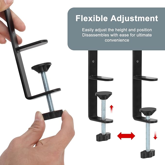2 Pcs Adjustable Extended Desk Clamp, Heavy Duty Metal Pegboard Mounting Bracket for Desktop Fixing Mount Clamp for Home Office,Universal Clamp On Bracket Desktop Accessory Holder,Easy Install (Black)