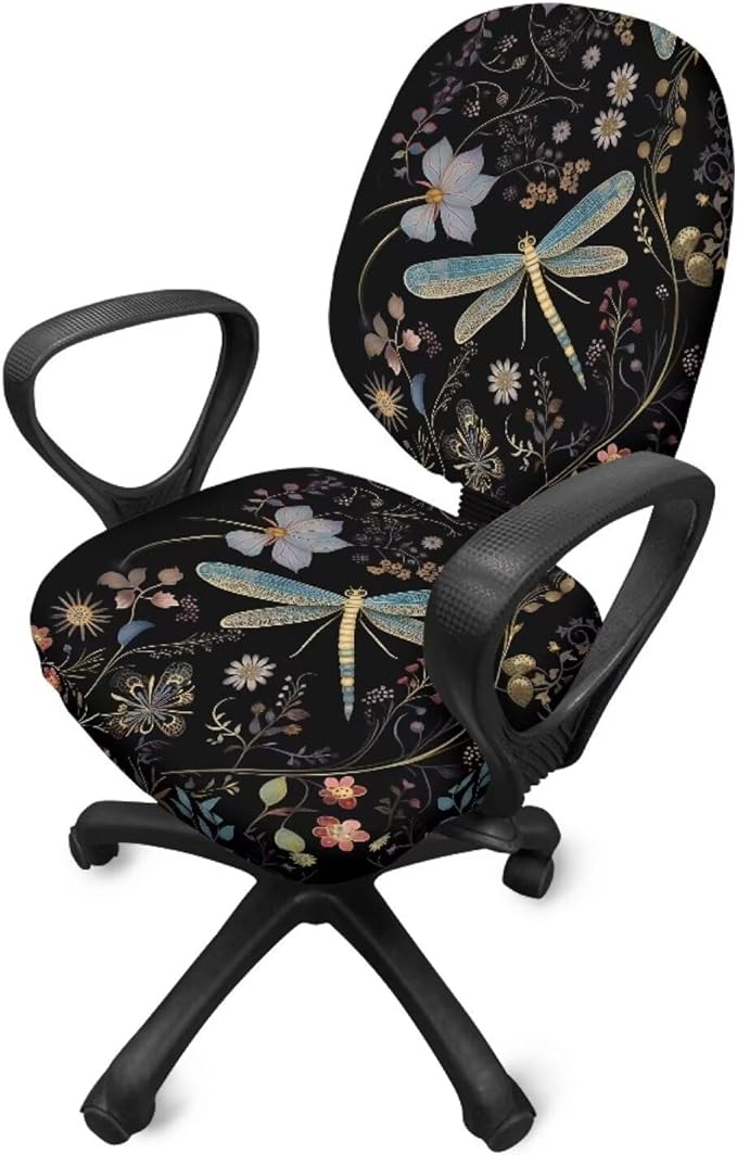 Dragonfly Flower Office Chair Covers Stretchable Computer Chair Seat Cover 2 Piece Desk Chair Slipcovers Protector Universal Fit Desk Rotating Chair,Computer Chair Office Decor