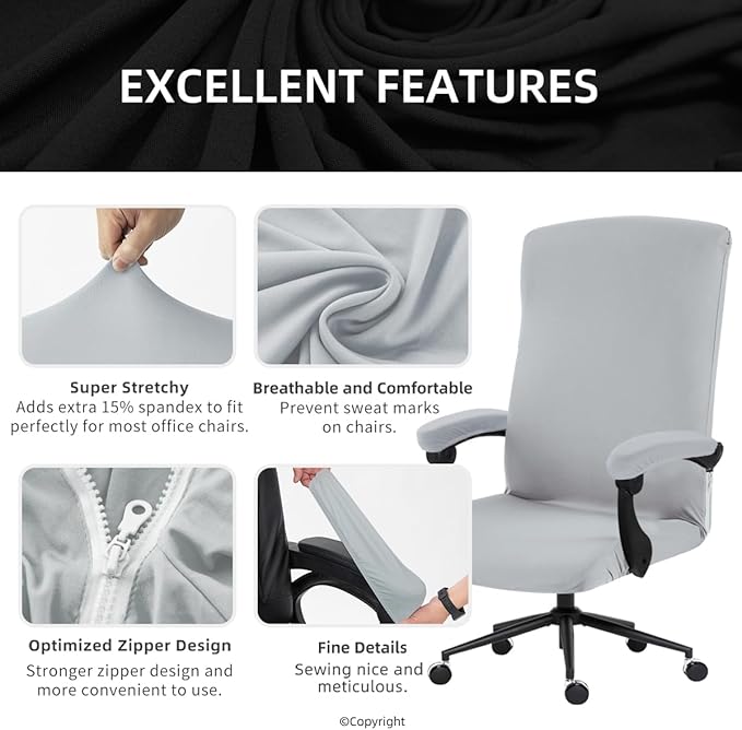 DIVA EN CAMINO DEC Stretch Computer Office Chair Cover with Armrest Covers Durable Zipper Universal Spandex Rotating Boss Chair Slipcovers Anti-dust Soft Desk Chair Seat Protector, Light Gray