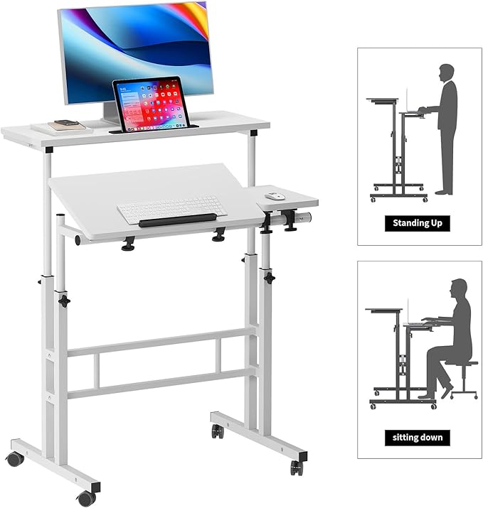 sogesfurniture Rolling Mobile Desk with Cup Holder, Portable, Adjustable Height Small Stand up Desk on Wheels for Home Office Laptop Cart for Standing or Sitting (Basic White)