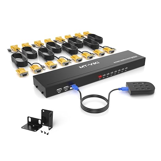 MT-VIKI KVM Switch 8 Port, 8X1 Rackmount KVM Switch VGA, Included 8 2-in-1 KVM Cables & Wire-Desktop Selector & Power Adapter, Fit 1U 19'' Rack