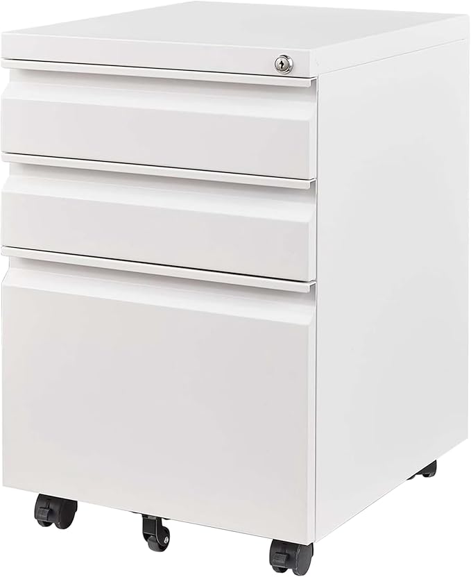 Simpli-Magic 3 Drawer Mobile File Cabinet with Lock Under Desk Metal Filing Cabinet for Home Office Organizer Fully Assembled Letter Legal A4 White