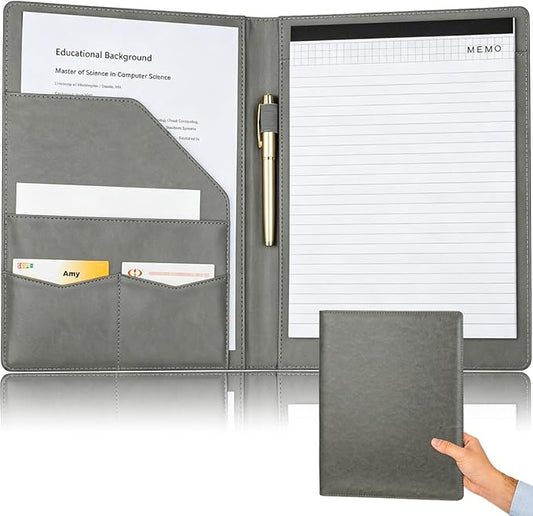 Padfolio Portfolio Binder, Faux Leather Folder, Resume Interview Legal Document Organizer, Letter Sized Writing Pad w/Business Card Holder, A4 Professional Folio for Office Conference (Grey)