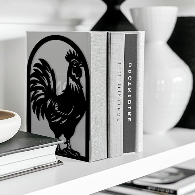 Peacoblue Metal Bookends for Shelves, Modern Decorative Heavy Duty Study Book Support Stoppers for Office, Desk, Shelf, Room 5.3"x4.3"x7.9" Cast Iron Simple Tall Bookends, 1 Pair (Rooster)