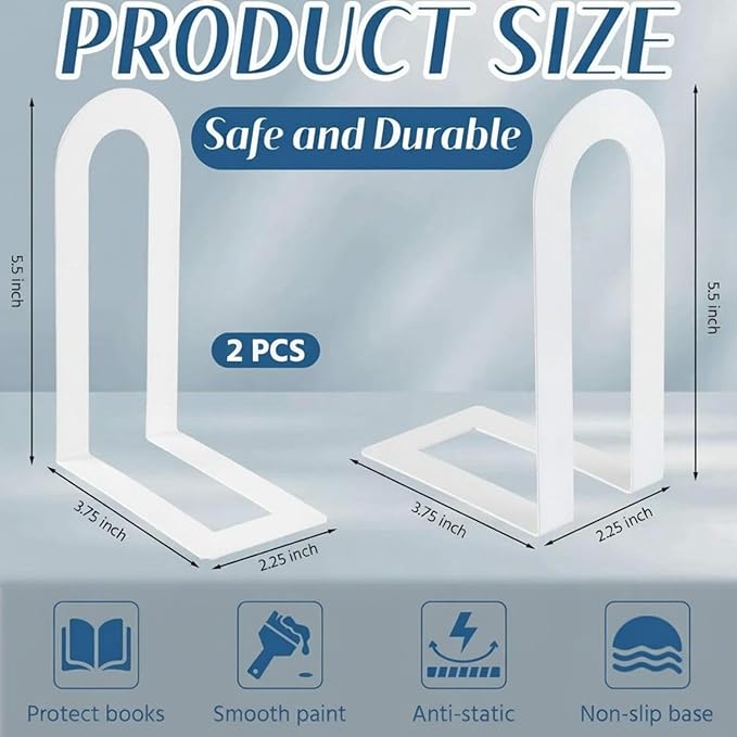 Chunful 2 Pcs Modern Metal Book Ends for Shelves Decorative Small Bookends Book Shelf Organizer Minimalist Design Stopper to Hold Books for Home Office (White,5.5 * 3.75 * 2.25inch)
