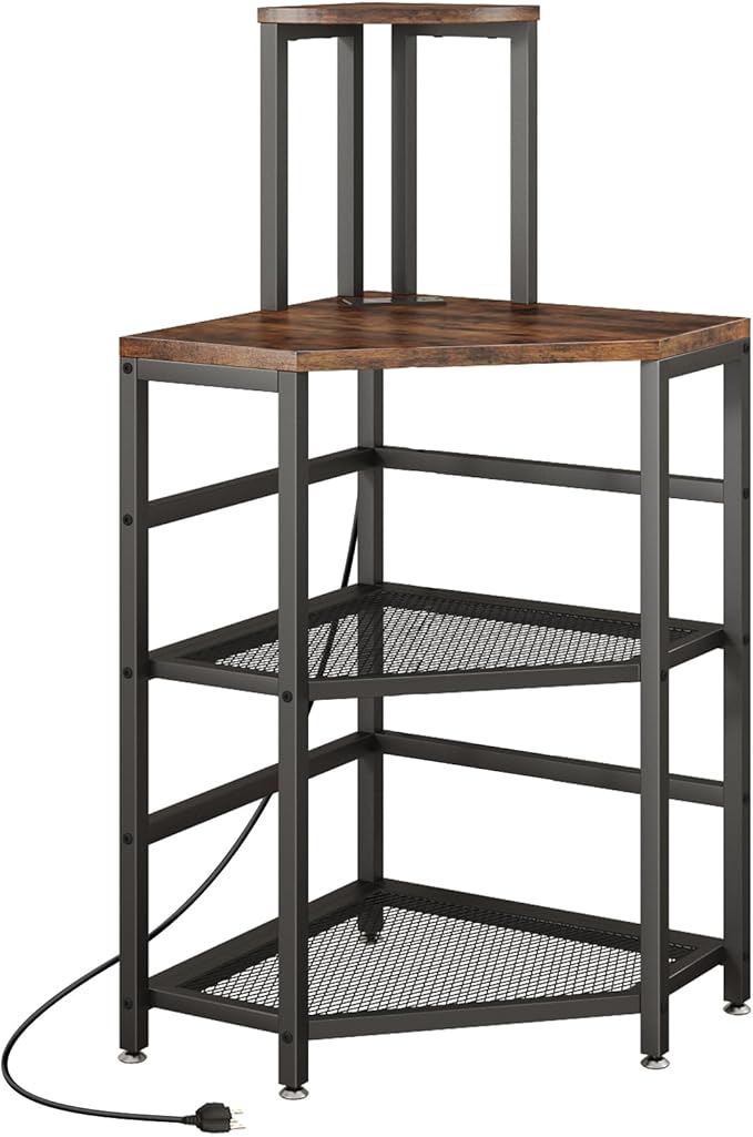 METYERRY Corner Printer Stand Table, with Power Outlet and USB Charging & LED Lights, for Home Printer Stands, Storage Shelf, Computer Tower/CPU Stand Holder for Home Office, Rustic Brown