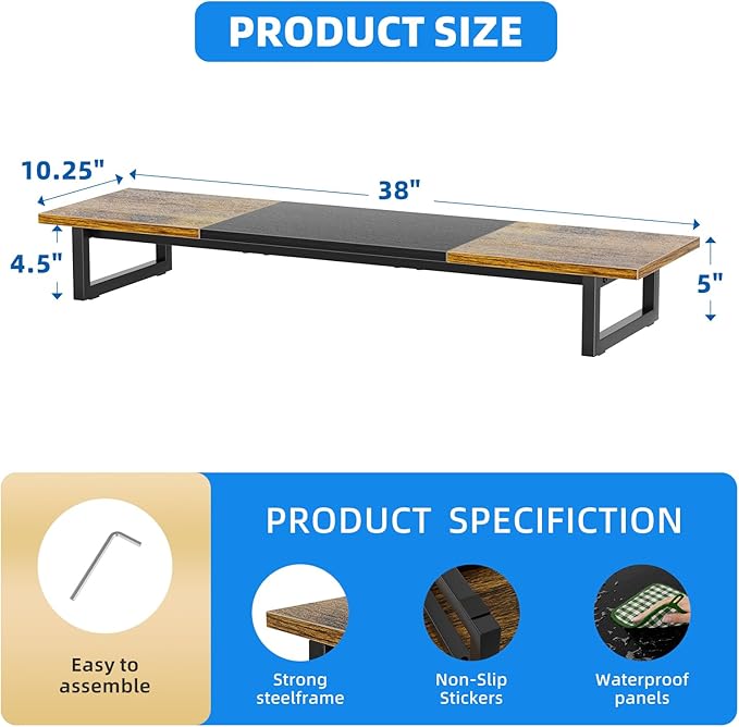 Simple Trending 38 Inch Dual Monitor Stand Riser, Wood and Steel Desktop Organizer for Home Office, Wood and Blck
