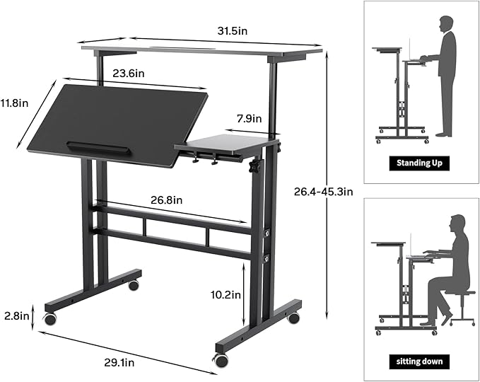 sogesfurniture Mobile Standing Desk, Portable Stand Up Desk, Small Adjustable Table Converter with Wheels Home Office Workstation, Rolling Table Laptop Cart for Standing or Sitting, Black