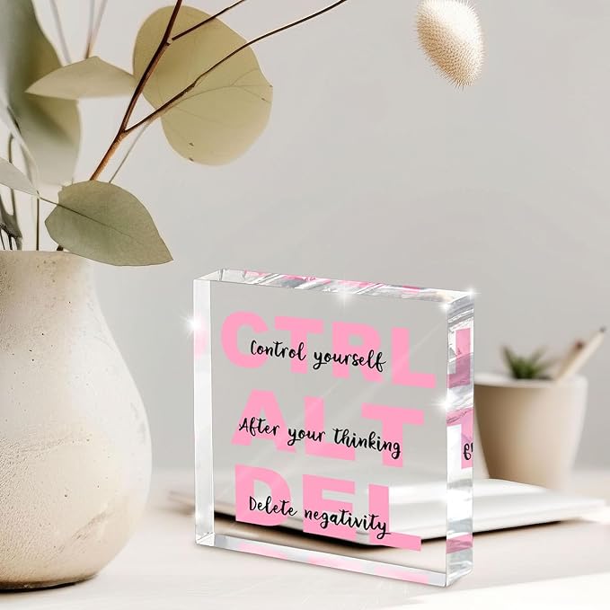 Empowerment Acrylic Sign - 4"x 4" Pink Office Desk Gift for Female Employees, Team Appreciation Decor with Inspirational Quote, Corporate Women's Day