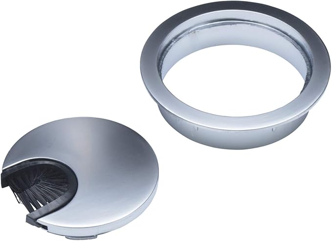 Matte Chrome Metal Cable Grommet | 2 Piece "Lock in" Feature with "Brush" Opening for Management of Office & Computer Desk Wires | 60mm (2 3/8") Hole Opening | 1 Pack