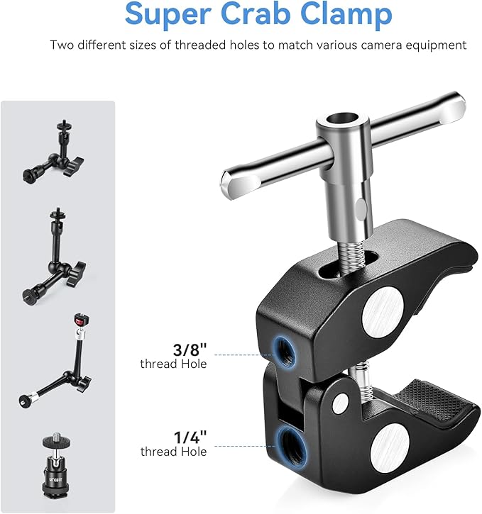 UTEBIT 11" Adjustable Magic Arm with Super Clamp, 360 Ball Heads with ARRI 1/4" & 3/8" Thread Screw for Flash/LED Light/Microphone/Monitor, Compatible with SmallRig Camera Cage, Max Load: 4.4lb/2kg